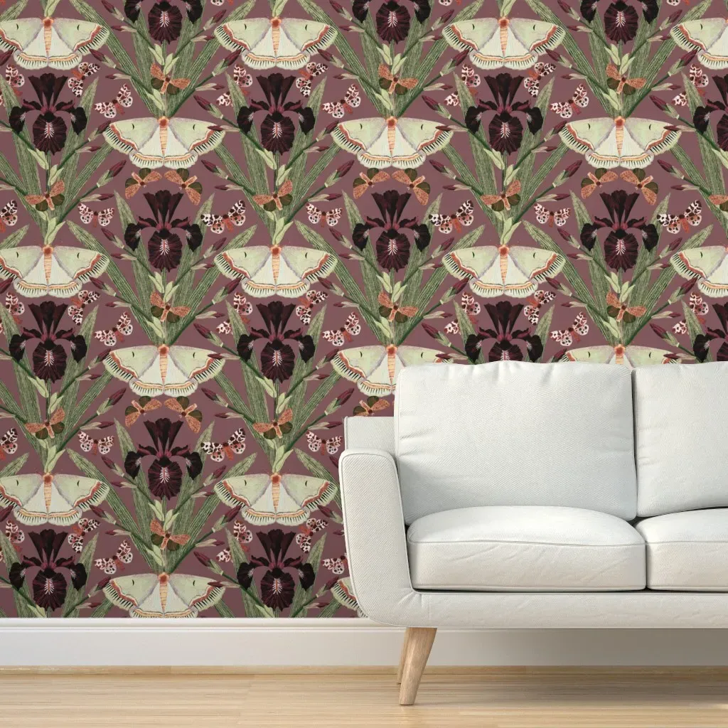 Dutch Iris Flower Moths Damask Peel and Stick Wallpaper - Burgundy product