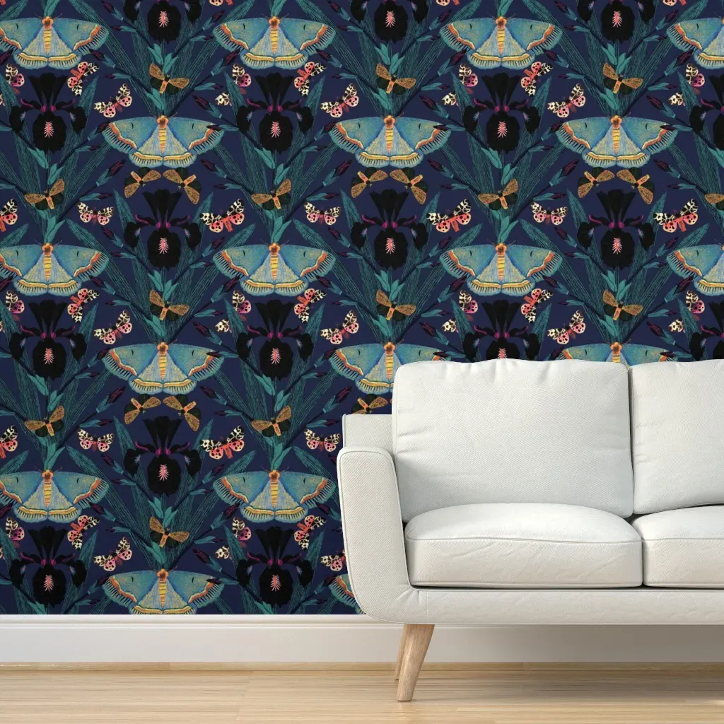 Dutch Iris & Moths At Night Peel and Stick Wallpaper - Teal product