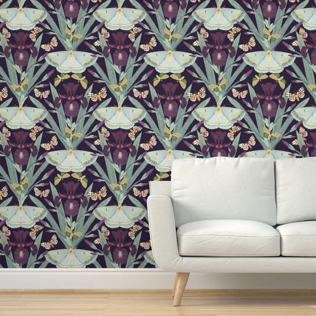 Dutch Iris & Moths Magical Garden Peel and Stick Wallpaper - Purple product