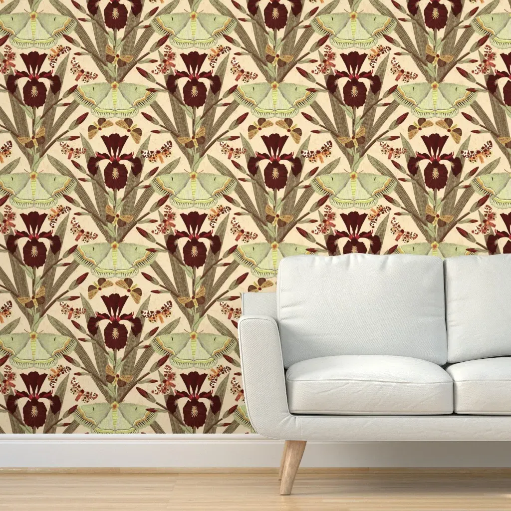 Dutch Iris & Moths Peel and Stick Wallpaper - Burgundy product