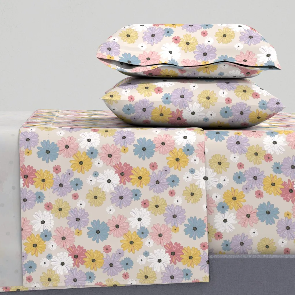 Easter Daisies Scattered Spring Flowers Queen Sheet Set - Beige product