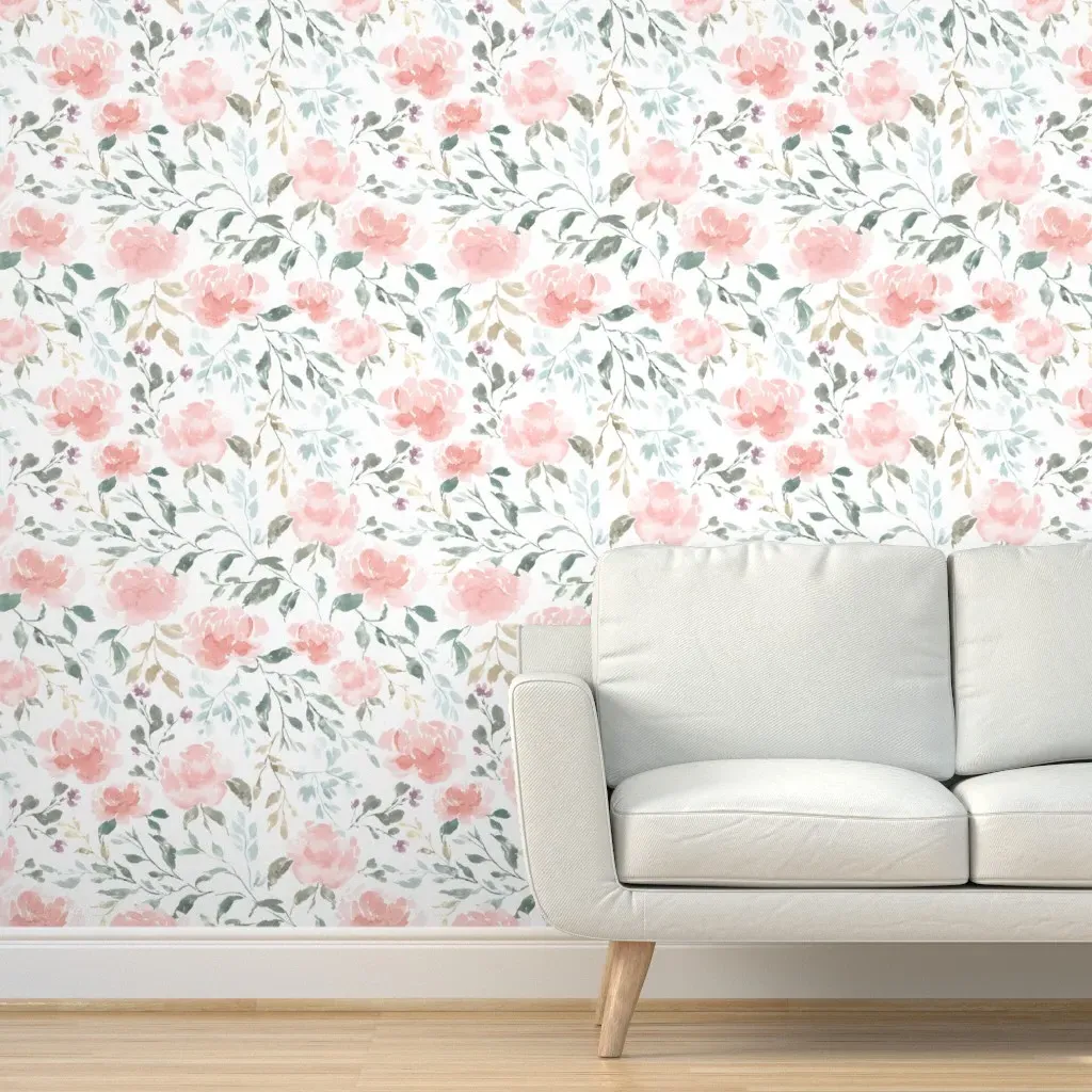 Easter Spring Watercolor Floral Peel and Stick Wallpaper - Blush Pink product