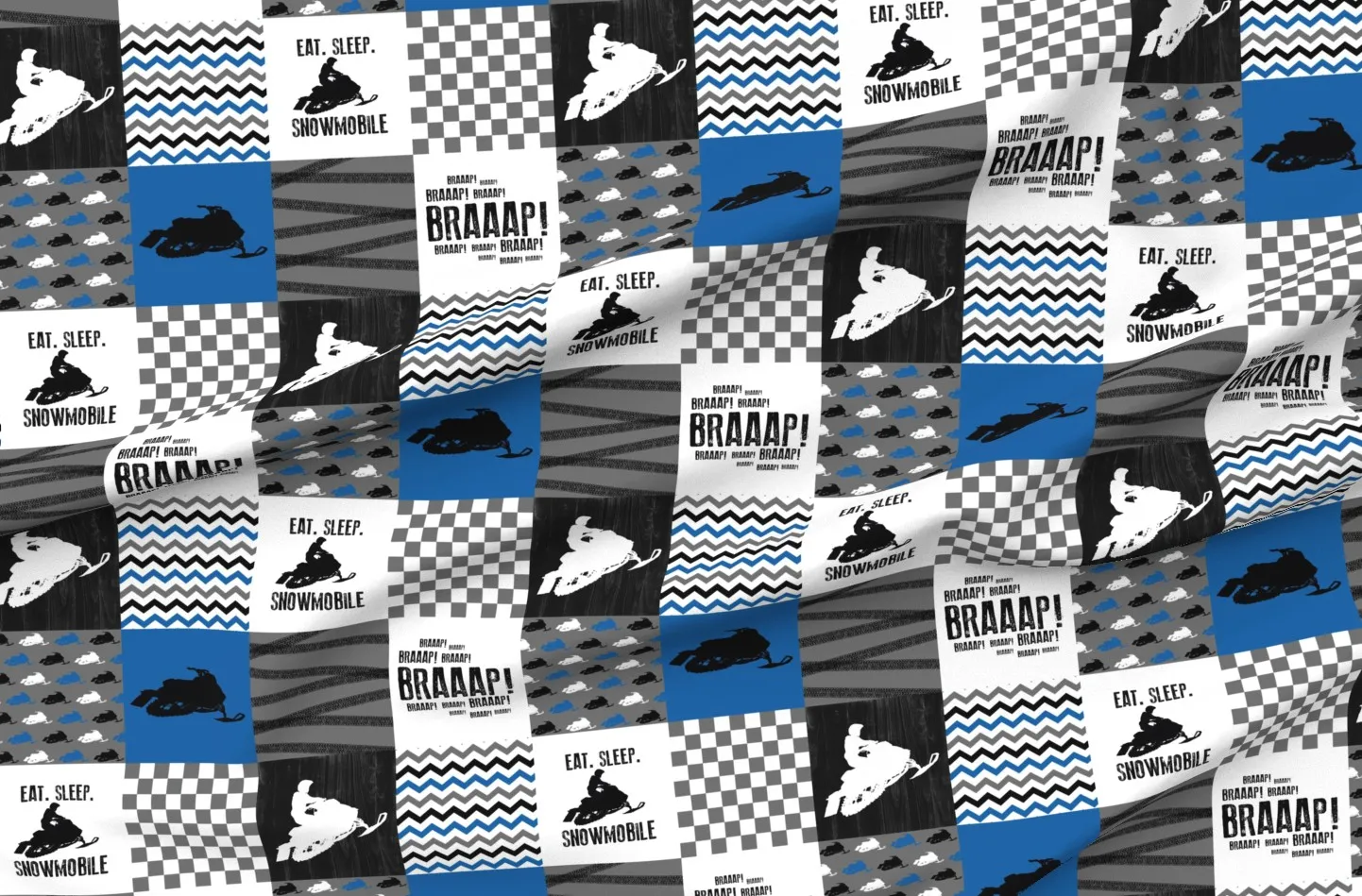 Eat Sleep Snowmobile Wholecloth Cheater Quilt Yardage - Blue, Pique product