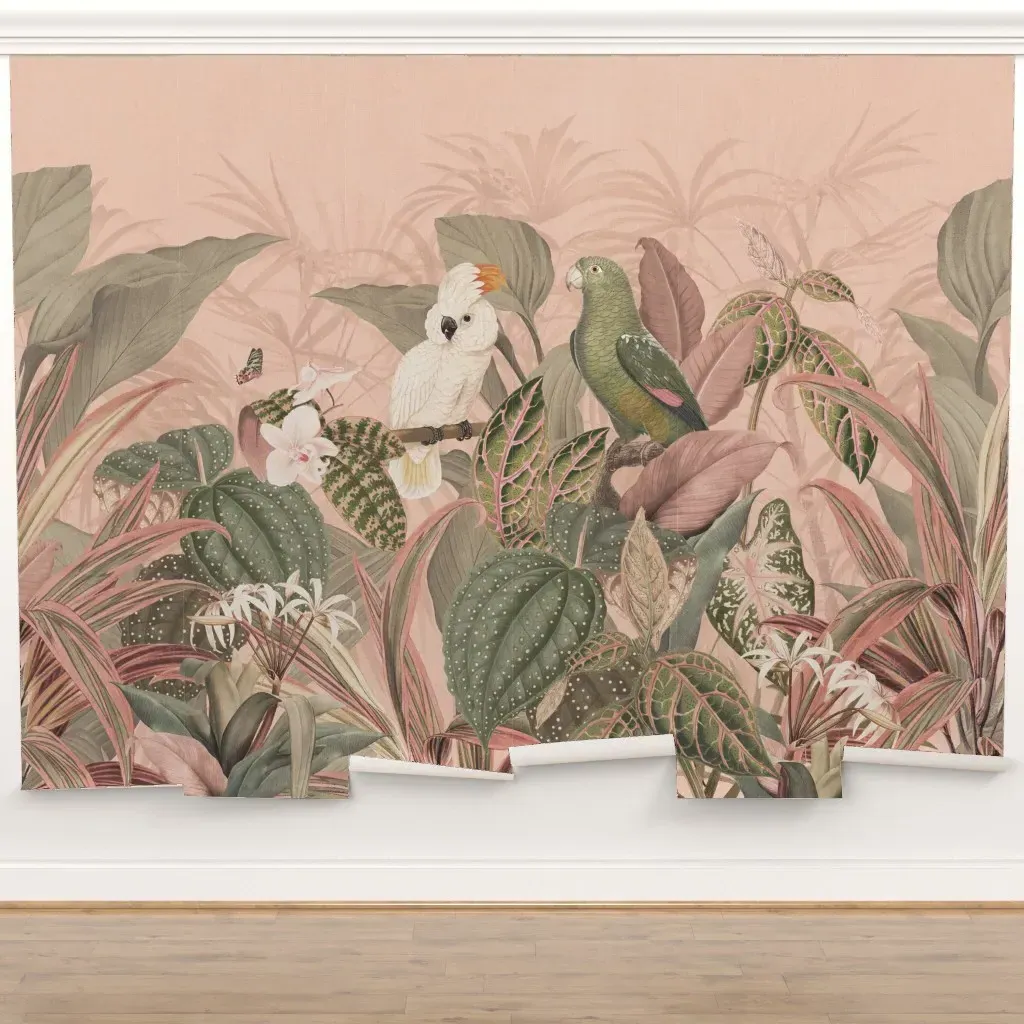 Eden Vintage Parrot Birds Tropical Foliage Wall Mural - Pink product