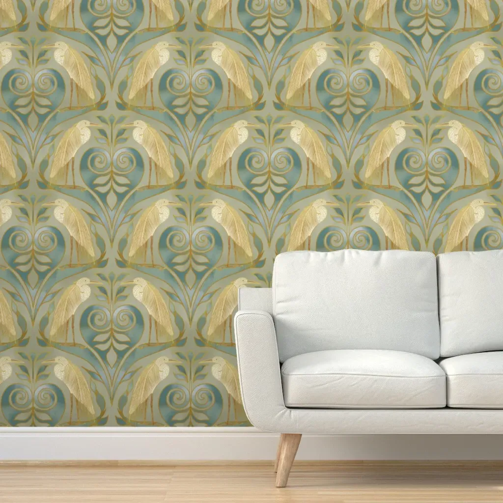 Egret Coast Peel and Stick Wallpaper - Cream-Gold on Blue product