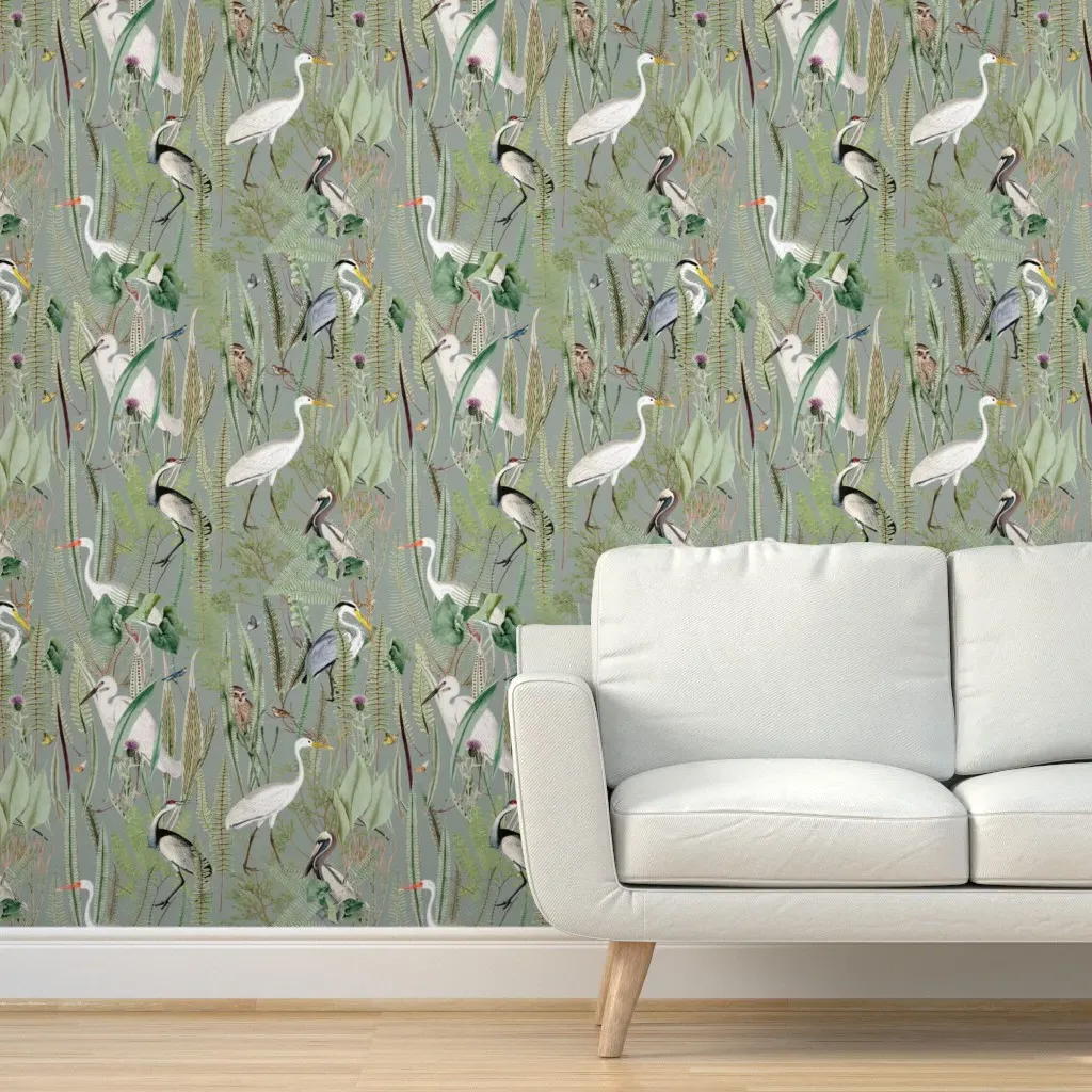 Egrets Herons and Pelicans Peel and Stick Wallpaper - Sage Green product