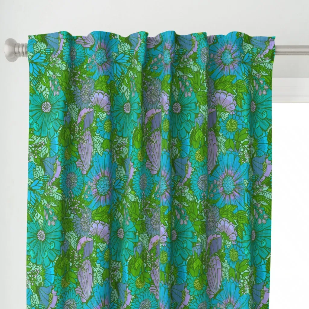 Electric 70S Mid Mod Mums Curtain Panel - Blue alternate view