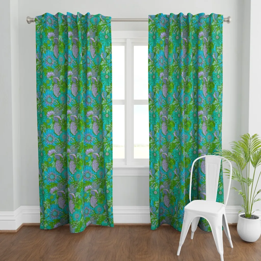 Electric 70S Mid Mod Mums Curtain Panel - Blue product