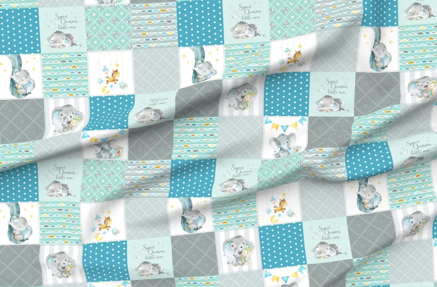 Elephant Patchwork Cheater Quilt Blocks - Teal, Mint product