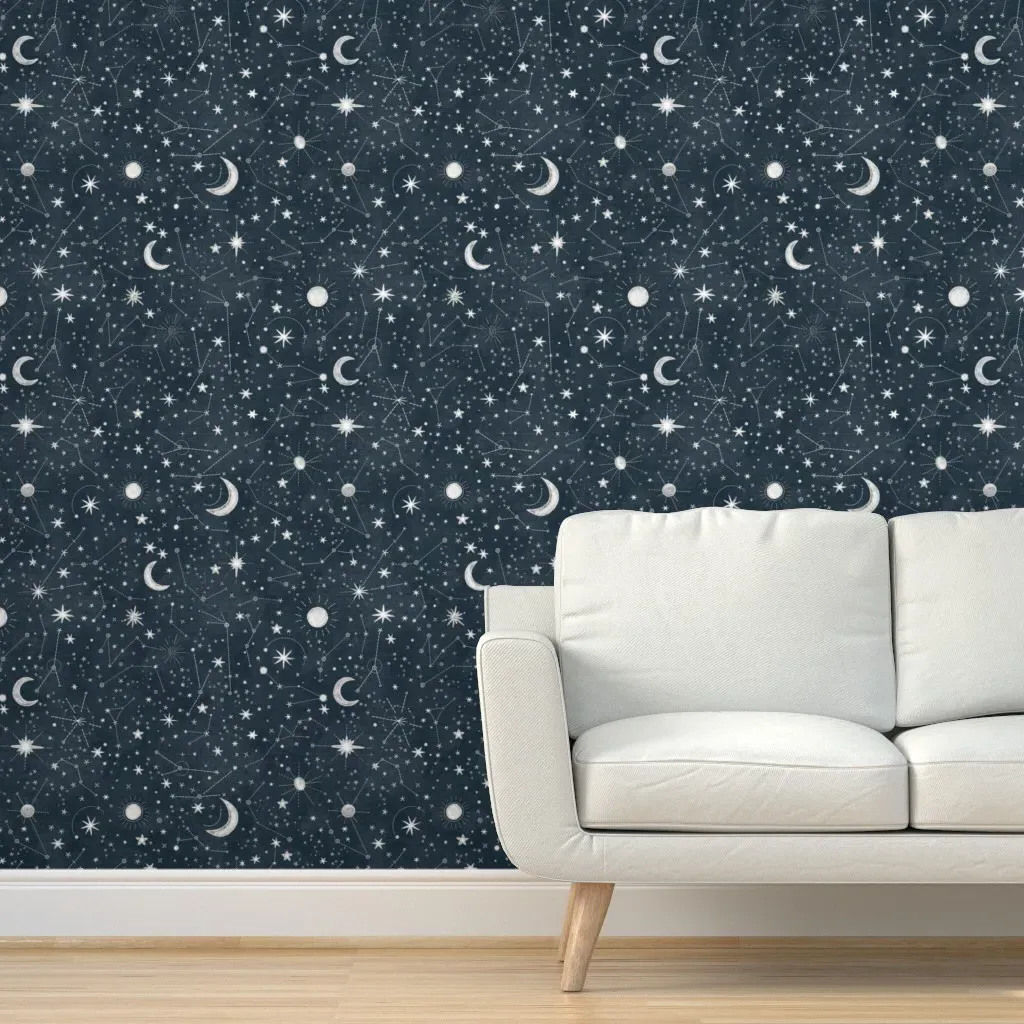 Embroidered Denim Stars & Constellations Peel and Stick Wallpaper - Dark Teal product