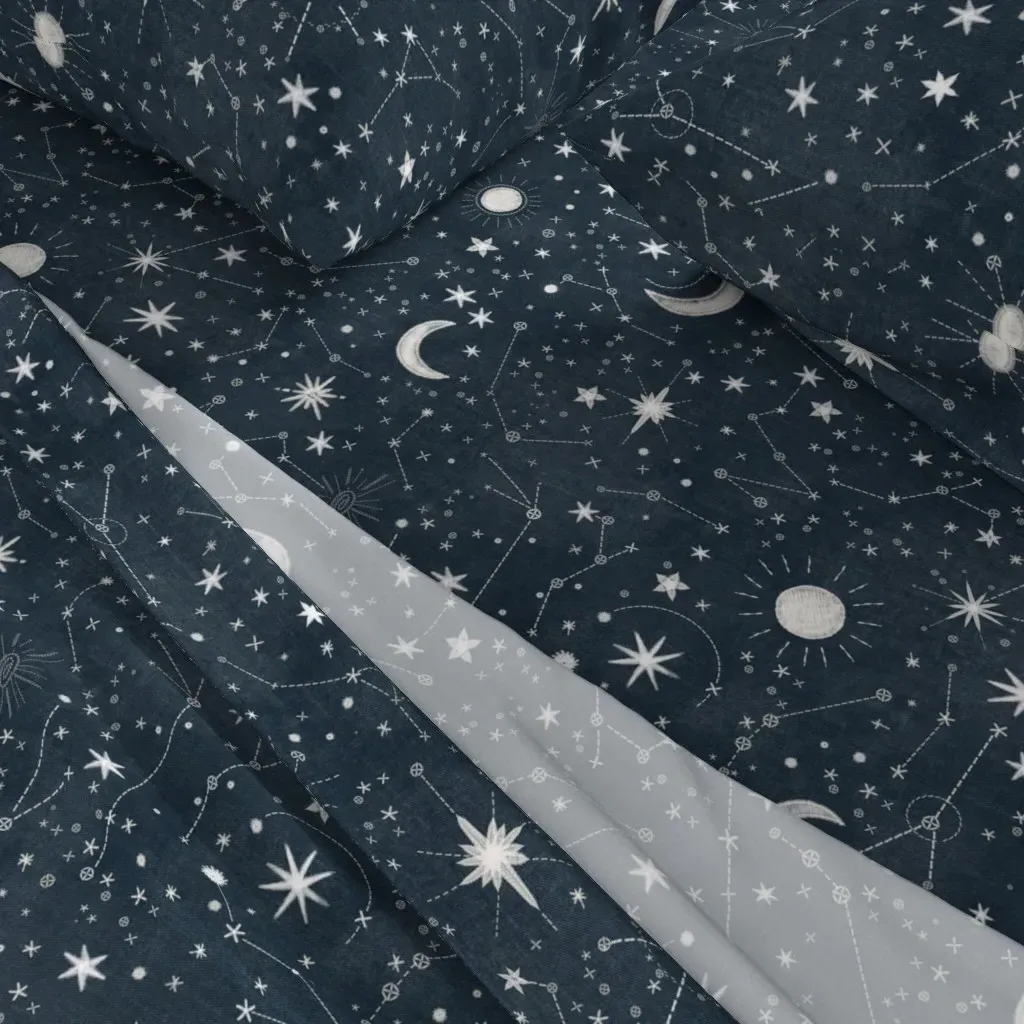 Embroidered Denim Stitched Stars & Constellations Full Sheet Set - Dark Teal alternate view