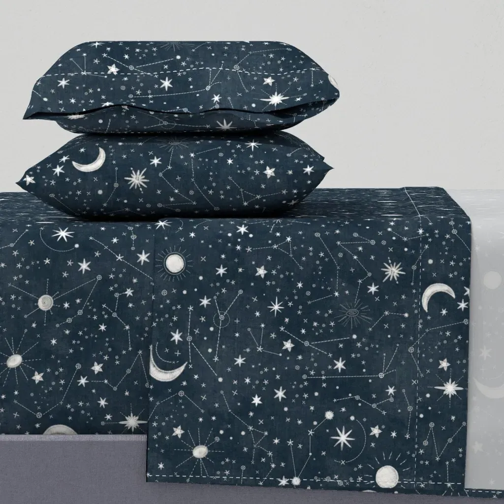 Embroidered Denim Stitched Stars & Constellations Full Sheet Set - Dark Teal product