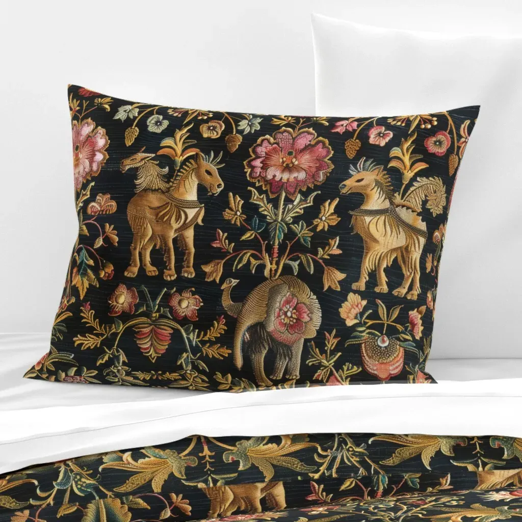 Embroidered Medieval Tapestry Cushion - Gold, Cotton Sateen product