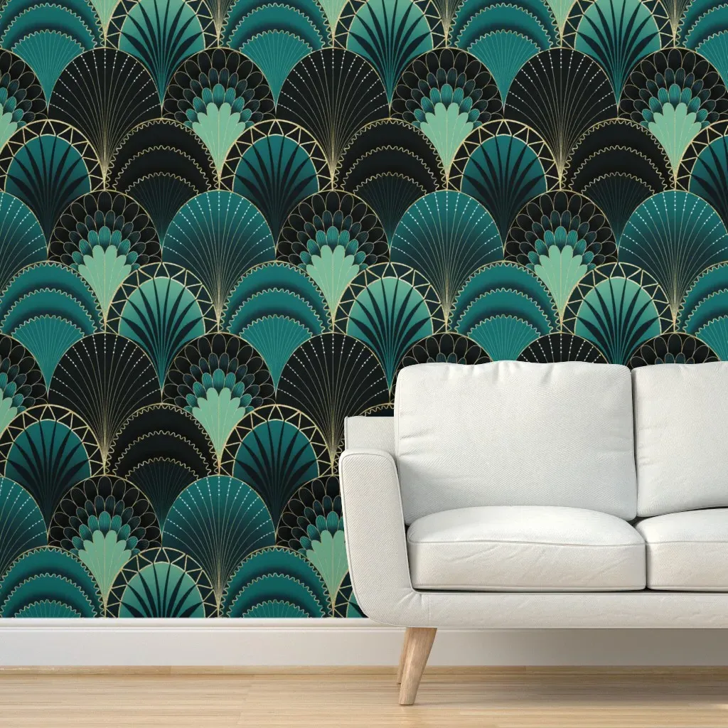Emerald Green Gold Art Deco Scallop Peel and Stick Wallpaper product