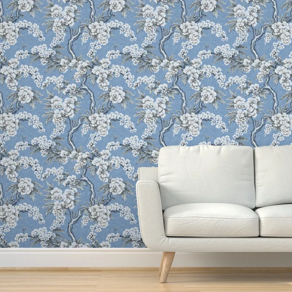 Emi Chinoiserie Peel and Stick Wallpaper - Rustic White on Chambray Blue, Linen product