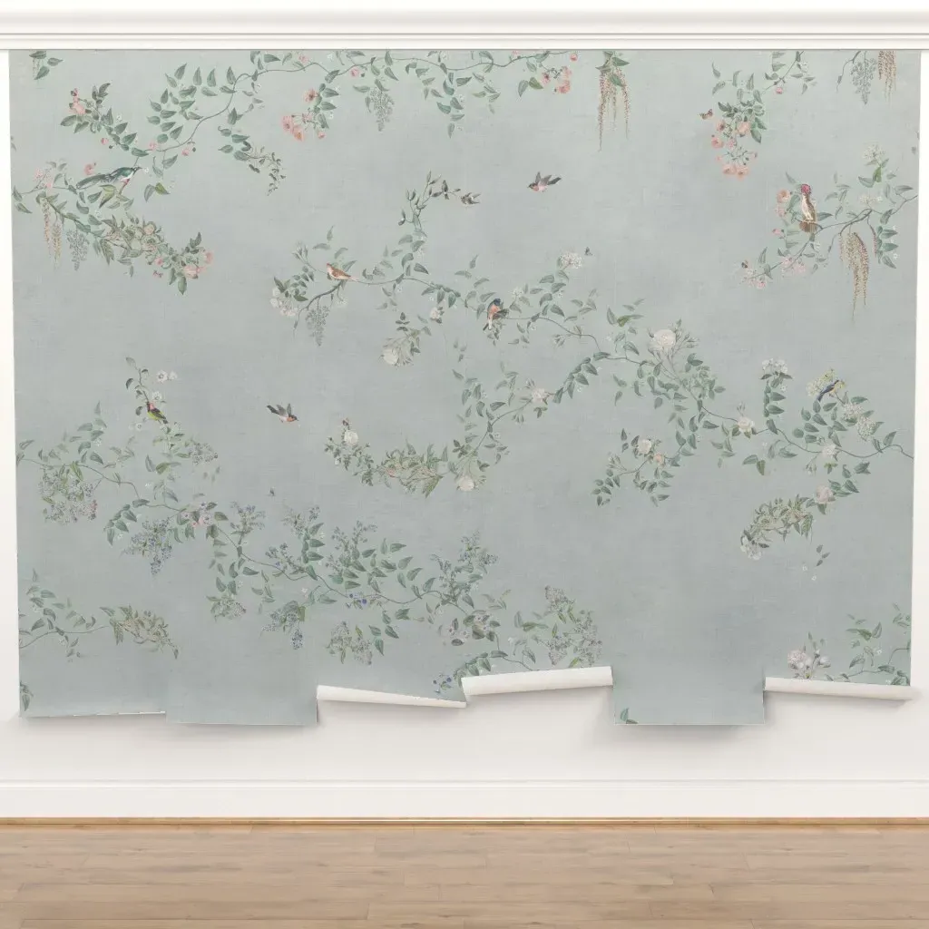 Emma Chinoiserie Garden Birds and Floral Vines Peel and Stick Wall Mural - Pale Blue product
