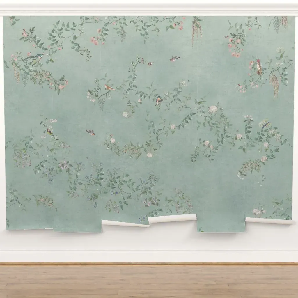 Emma Chinoiserie Garden Birds and Floral Vines Wall Mural - Soft Teal product