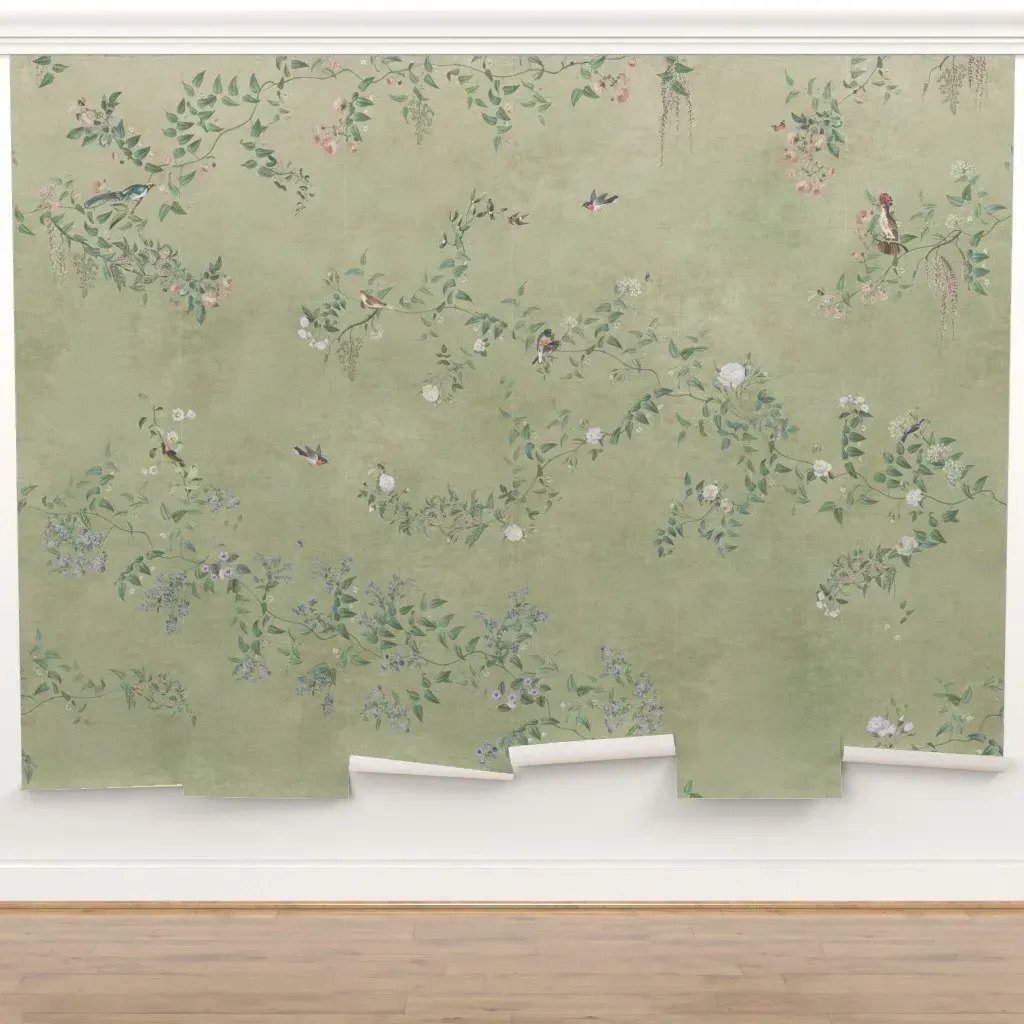 Emma Chinoiserie Garden Birds Floral Vines Wall Mural - Sage Green product