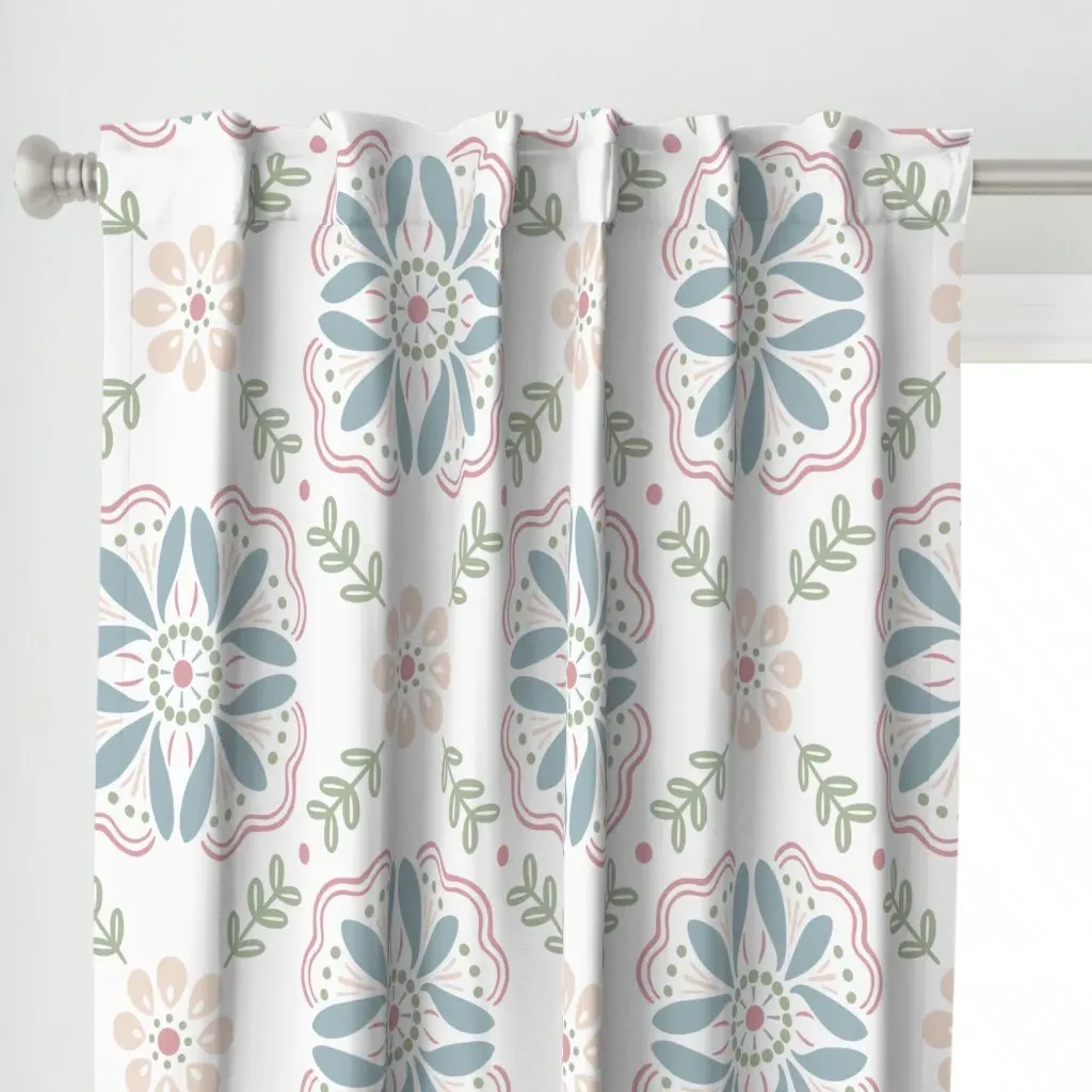 Emma Floral Tile Folk Curtain Panel - Dusty Blue alternate view