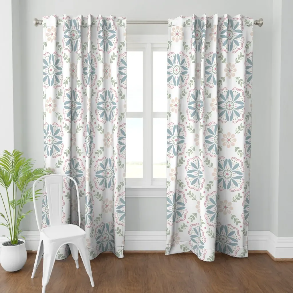 Emma Floral Tile Folk Curtain Panel - Dusty Blue product