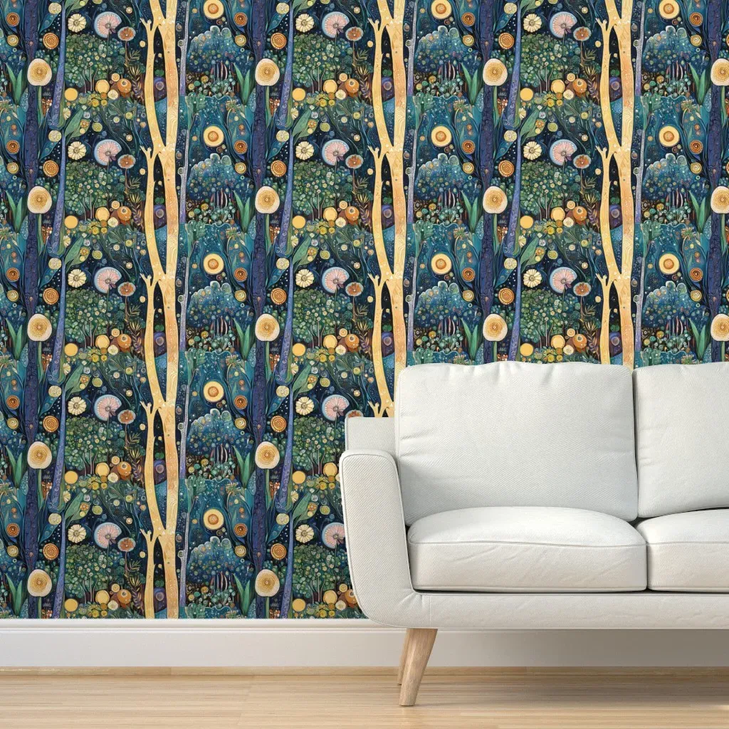 Enchanted Forest At Night Gustav Klimt Peel and Stick Wallpaper - Gold product