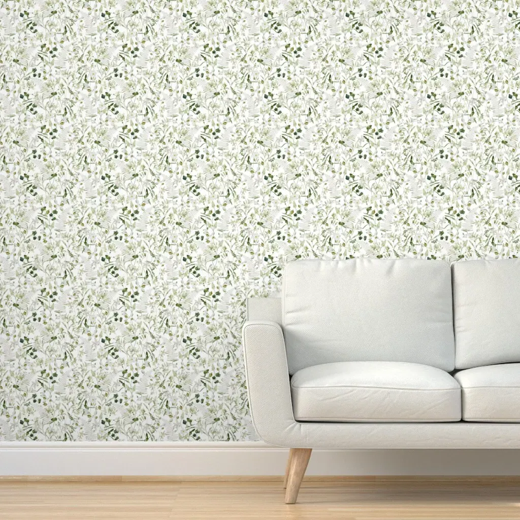 Enchanting Green Watercolor Midsummer Peel and Stick Wallpaper - White product