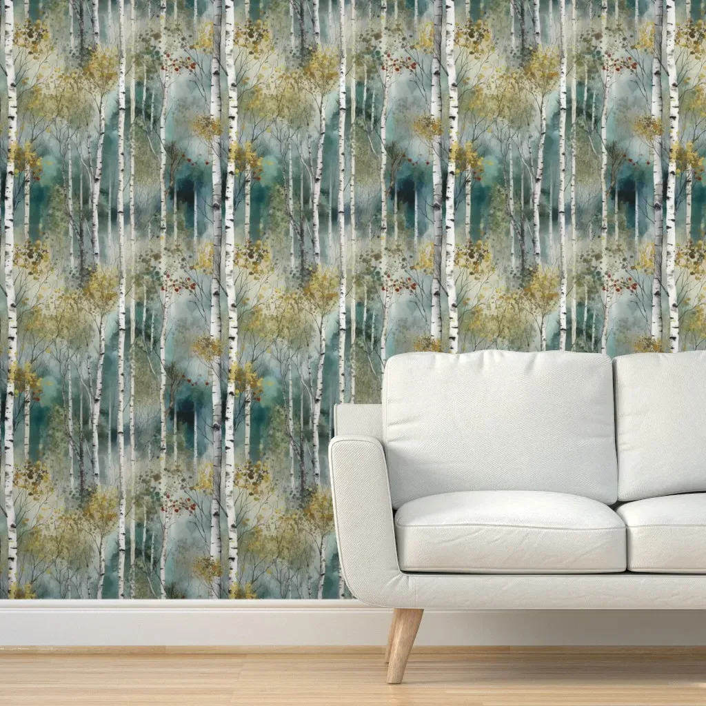 Endless Birch Tree Dreamscape Peel and Stick Wallpaper - Teal product