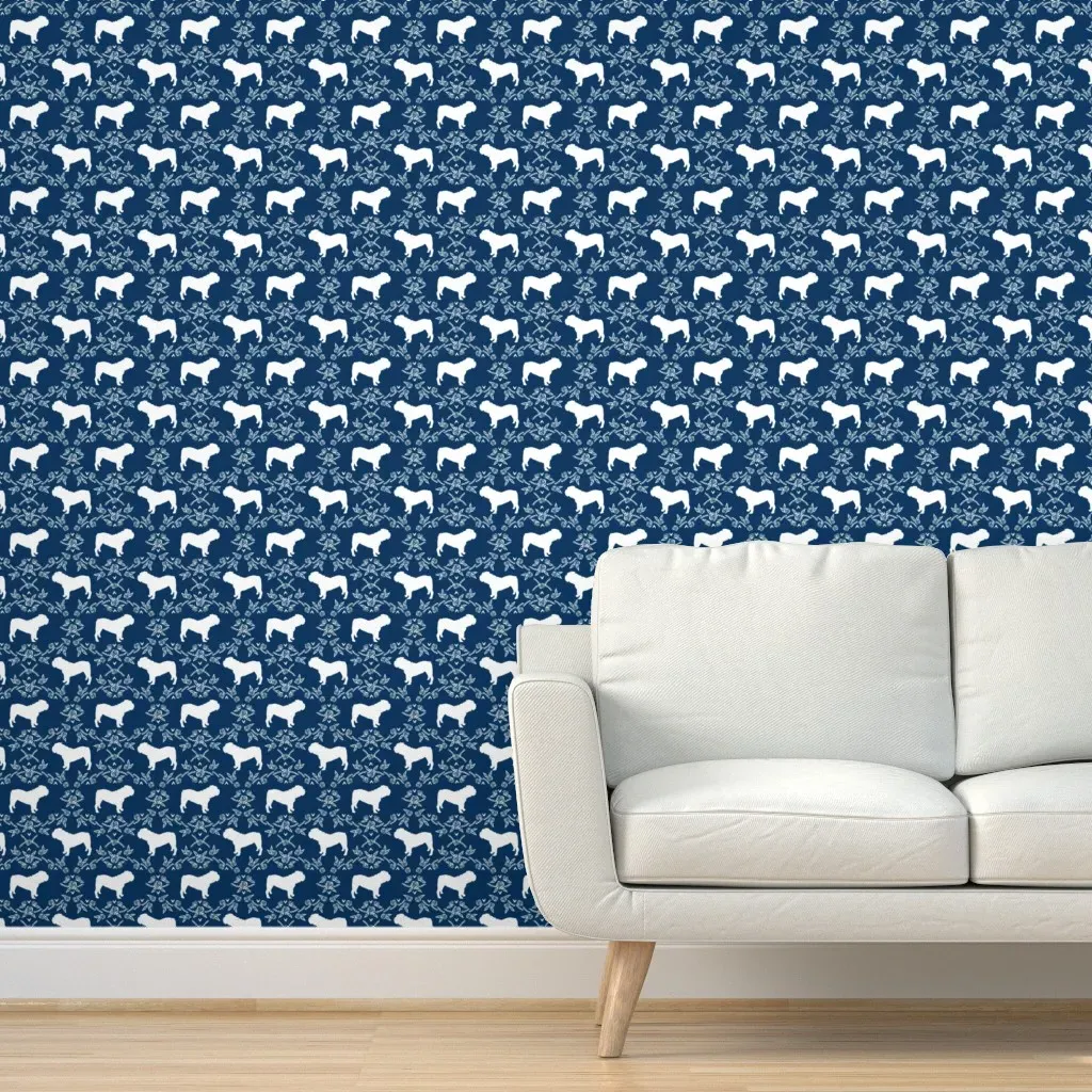 English Bulldog Floral Silhouette Peel and Stick Wallpaper - Navy product