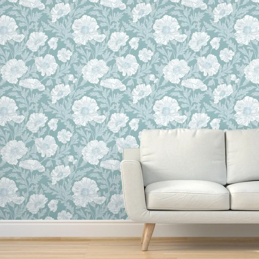 English Country House Poppies Peel and Stick Wallpaper - White product