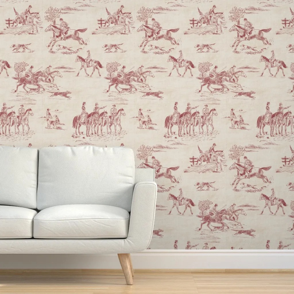 English Country Toile Hunting Dogs Peel and Stick Wallpaper - Burgundy, Beige product