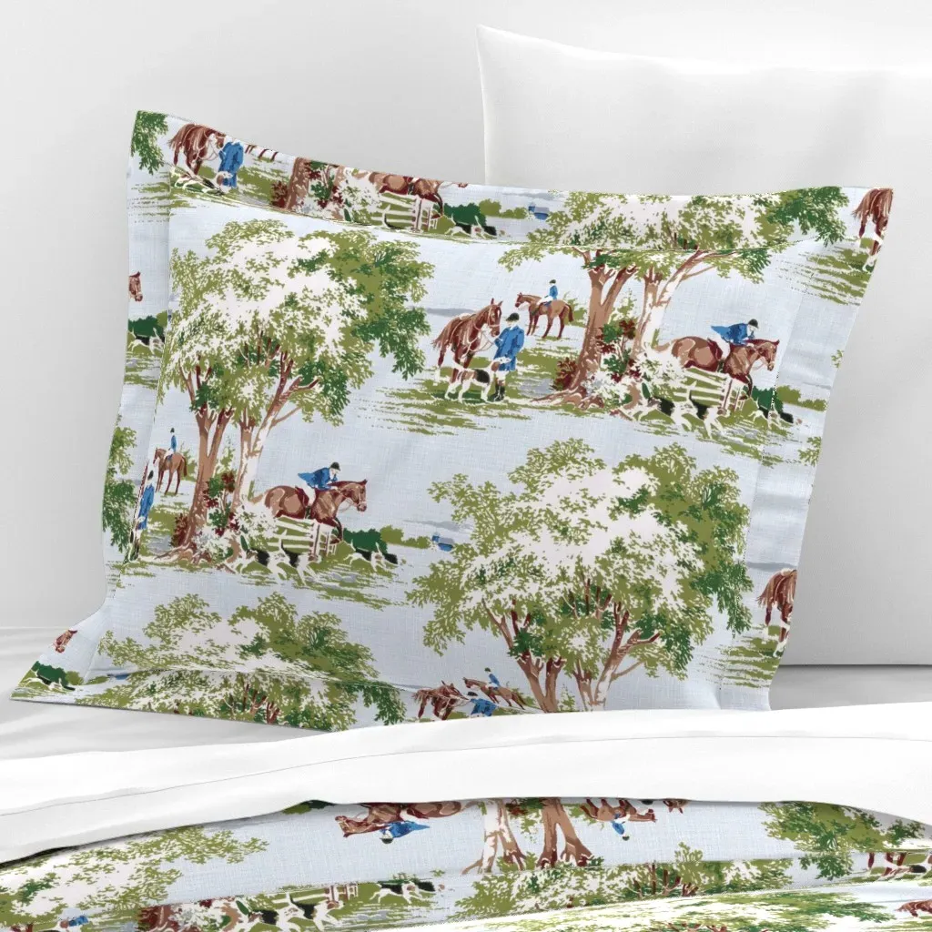 Equestrian Hunt Scene Standard Flanged Pillow Sham - Green, Cotton Sateen product