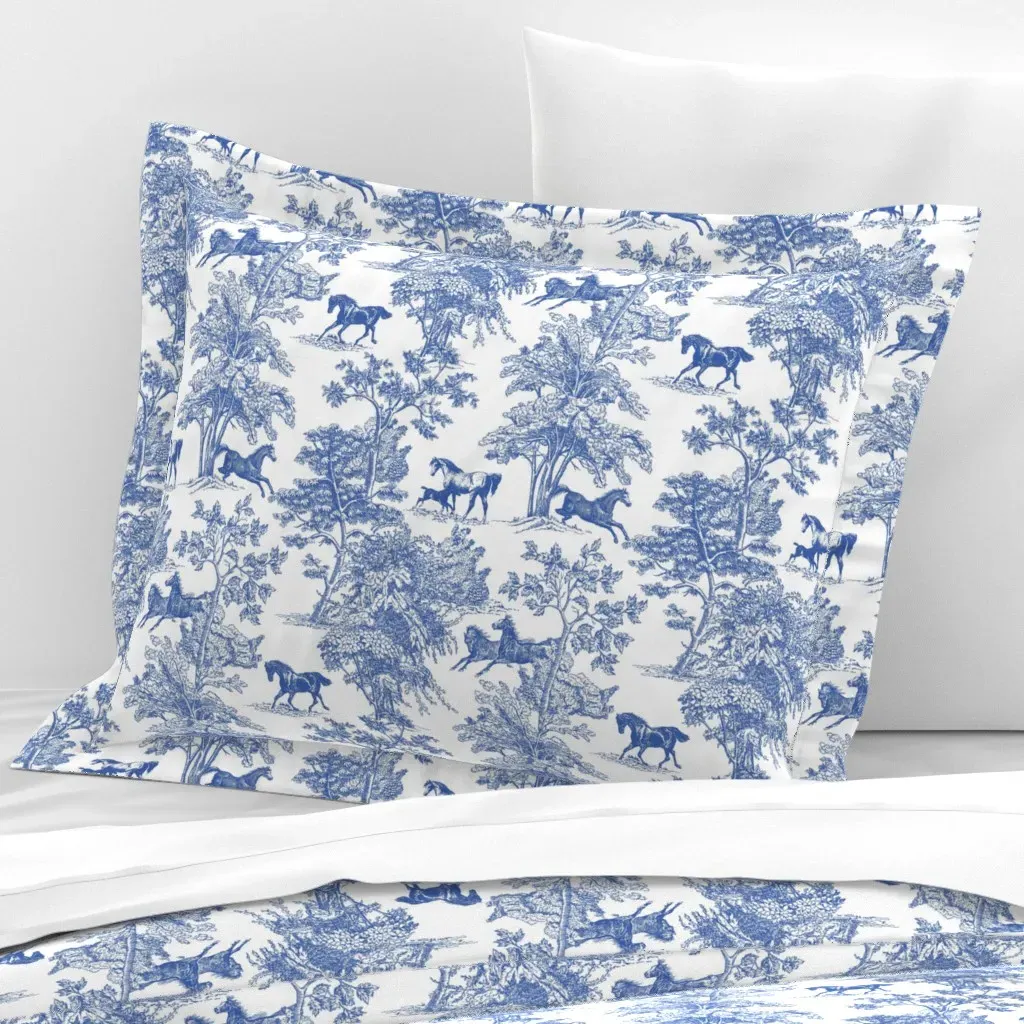Equestrian Toile Standard Flanged Pillow Sham - French Blue, Cotton Sateen product