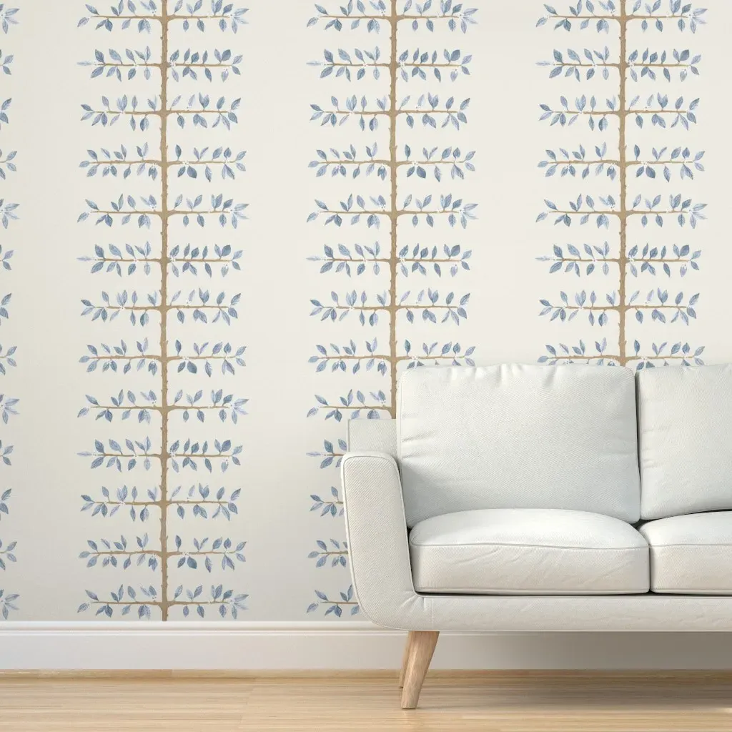 Espalier Branch Peel and Stick Wallpaper Custom Sized - Cream, Soft Blue product