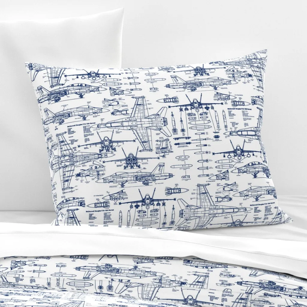 F-18 Blueprints Standard Knife Edge Cushion Cover - Dark Blue, Cotton Sateen product
