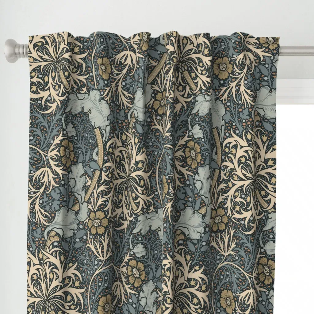 Faded Blue Slate Seaweed Curtain Panel - Beige alternate view