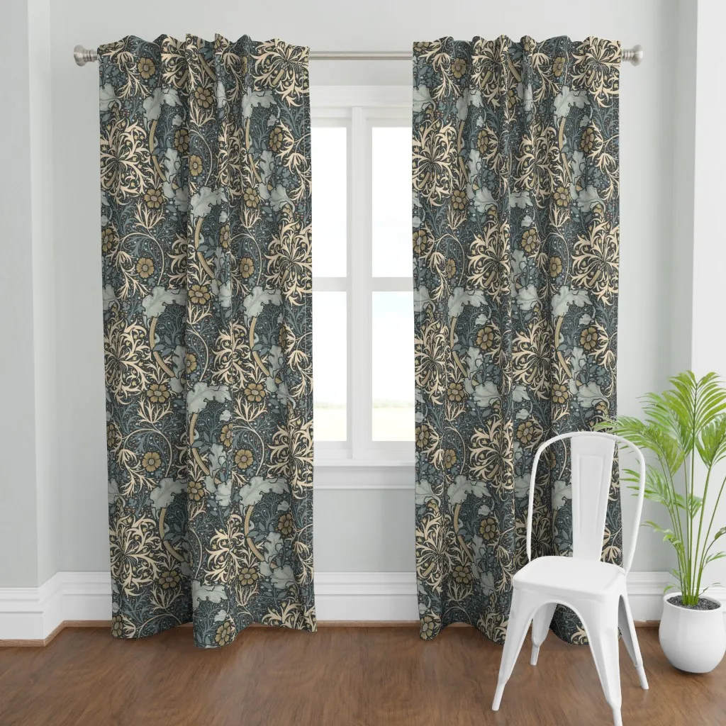 Faded Blue Slate Seaweed Curtain Panel - Beige product