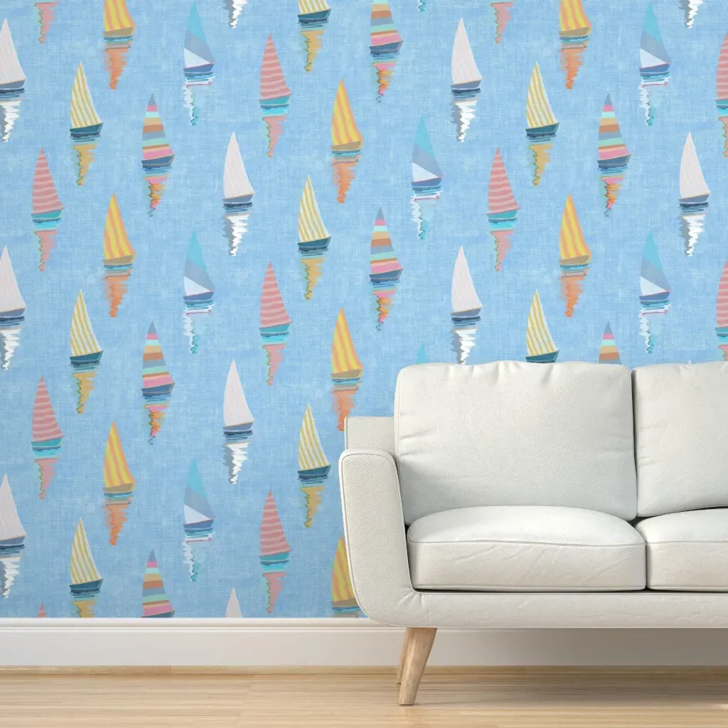 Faded Resort Sailboats Peel and Stick Wallpaper - Blue, Linen product