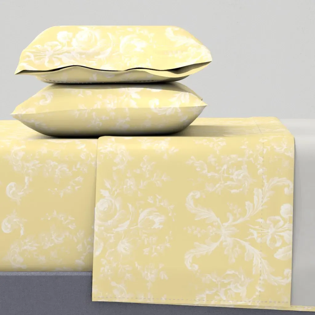 Faded Rococo Roses Buttercup Reversed Queen Sheet Set - White product