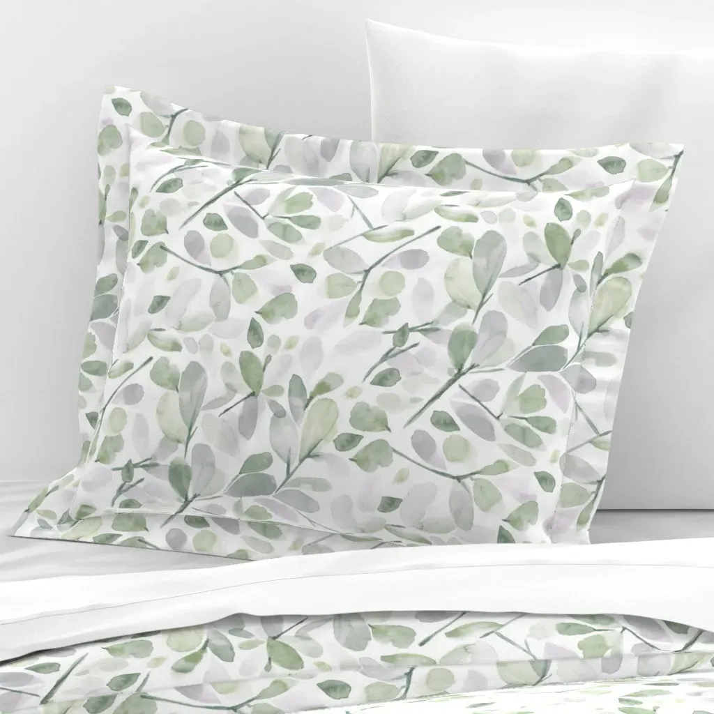 Faded Watercolor Leaves Standard Flanged Pillowcase - Sage Green, Cotton Sateen product