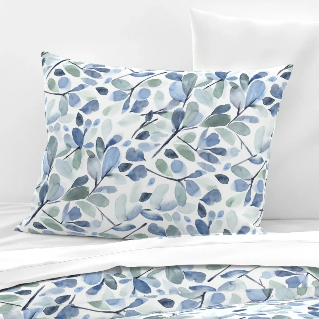 Faded Watercolor Leaves Standard Knife Edge Pillow - Dusty Blue, Cotton Sateen product
