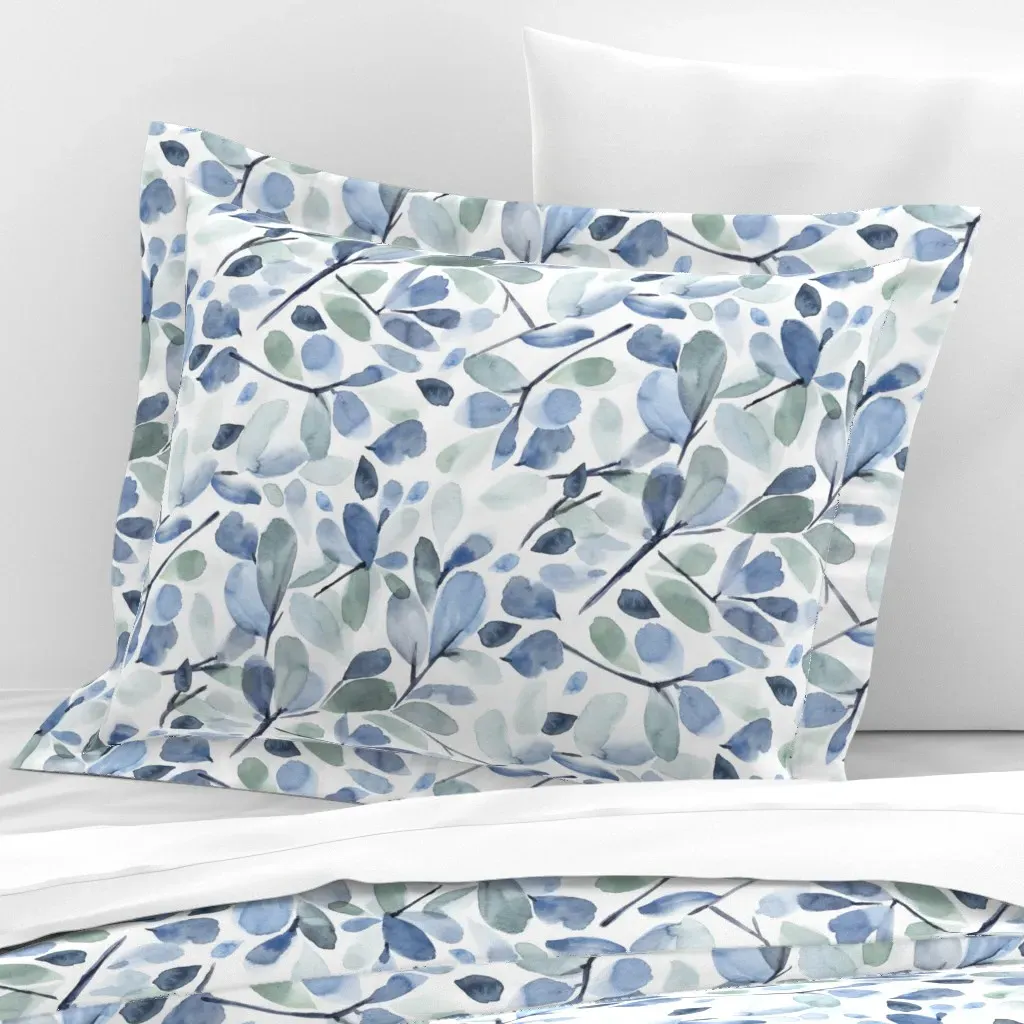 Faded Watercolor Leaves Standard Pillow Sham - Dusty Blue, Cotton Sateen product