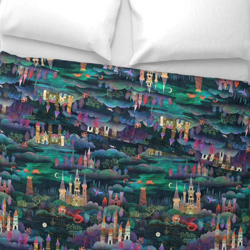 Fairytale Forest With Castles Duvet Cover - Dark Teal alternate view
