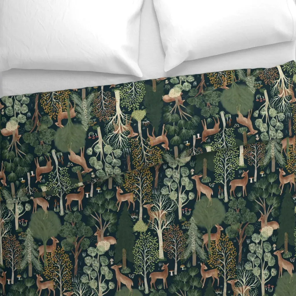 Fall Forest Trees & Deer Duvet Cover - Green alternate view
