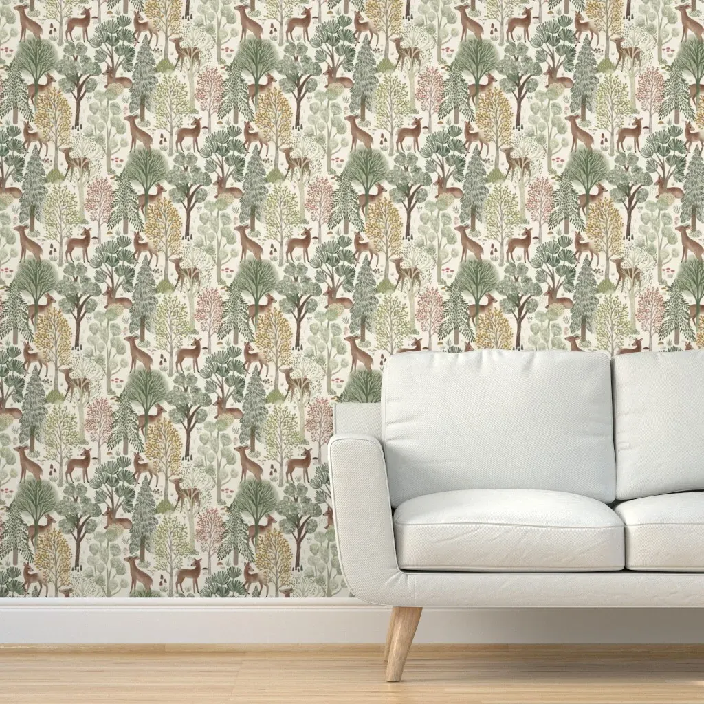 Fall Forest Trees & Deer Peel and Stick Wallpaper - Green product