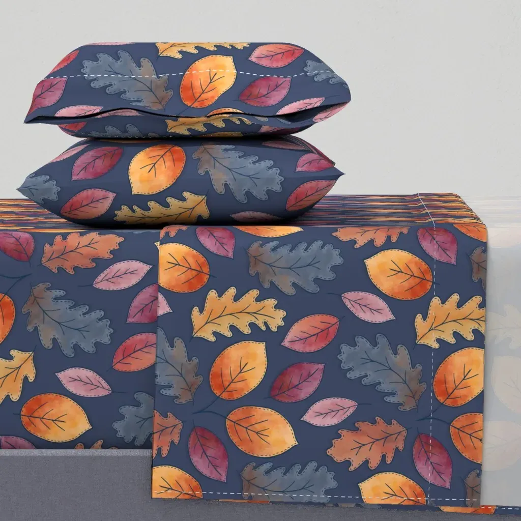 Falling Leaves On Blue Large Scale Queen Sheet Set - Orange product
