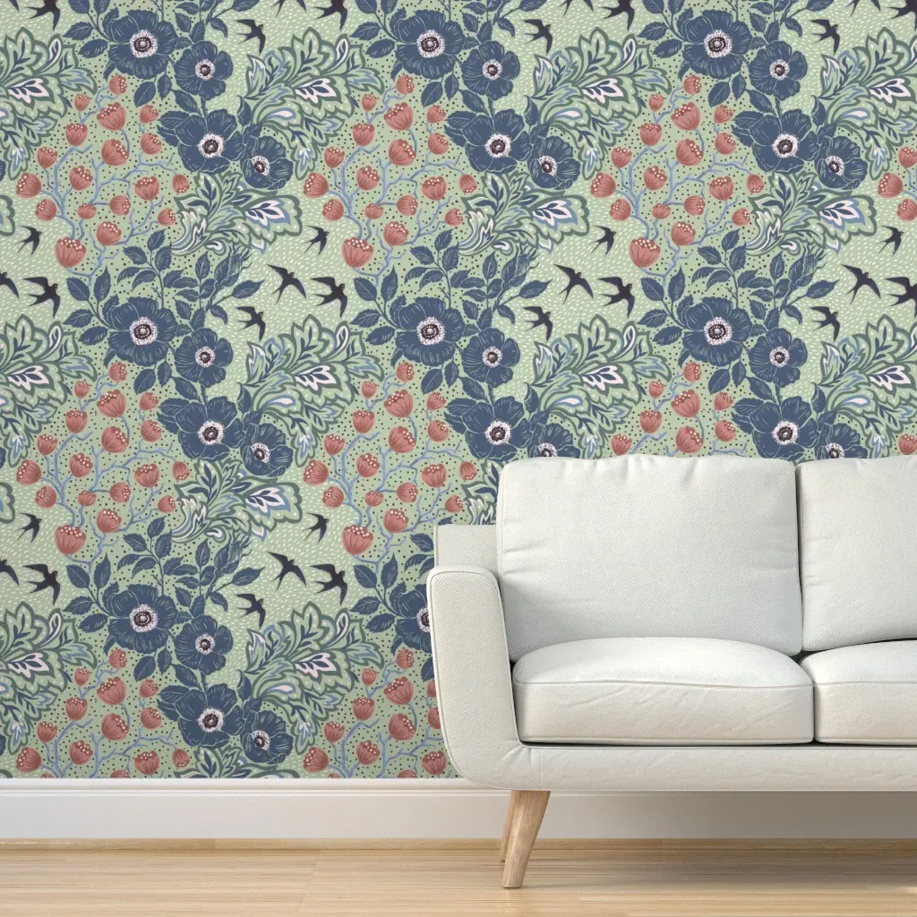Fanciful Floral Peel and Stick Wallpaper - Dusty Blue product