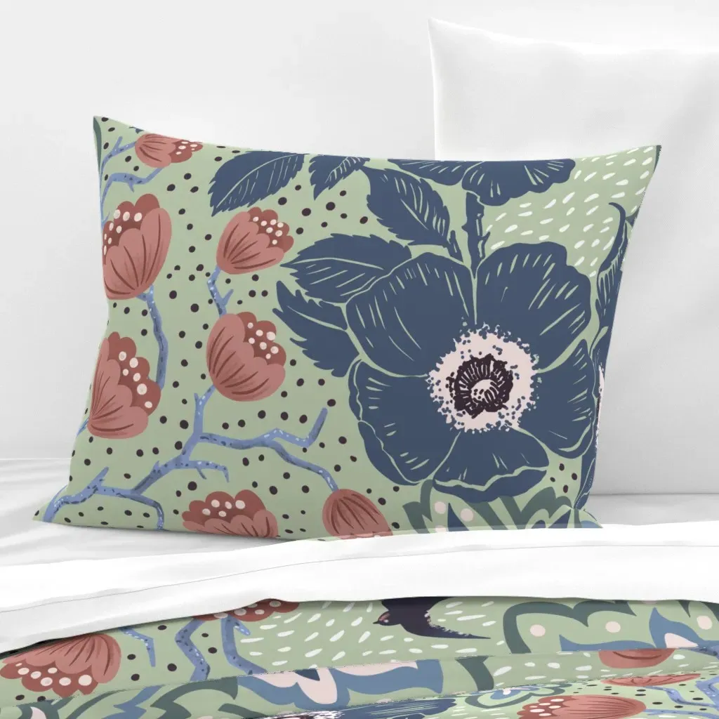 Fanciful Floral Standard Knife Edge Pillow - Dusty Blue, Cotton Sateen product