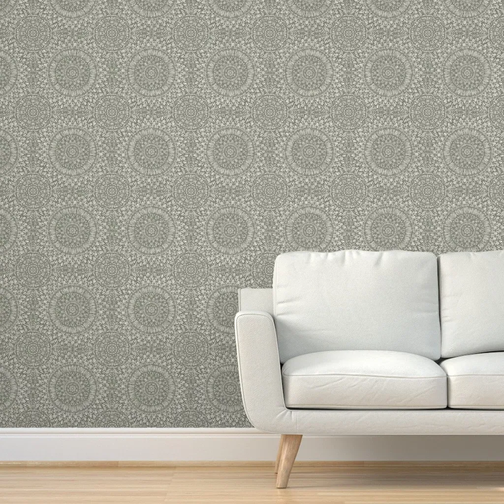 Fancy Mandala Hand Drawn Tile Peel and Stick Wallpaper - Creamy White Limed Ash Green product