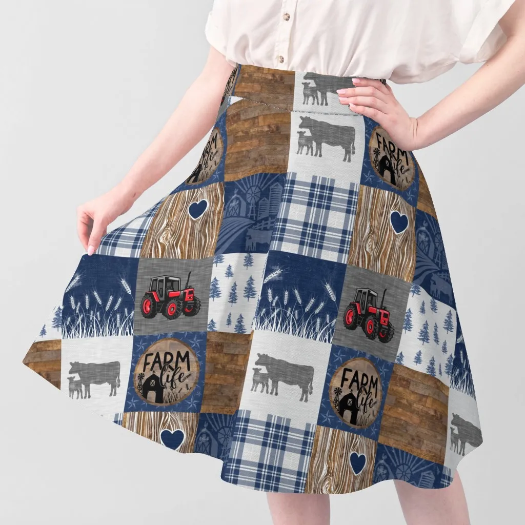 Farm Life Blue Red Tractor Cheater Quilt Fabric - Navy Blue alternate view