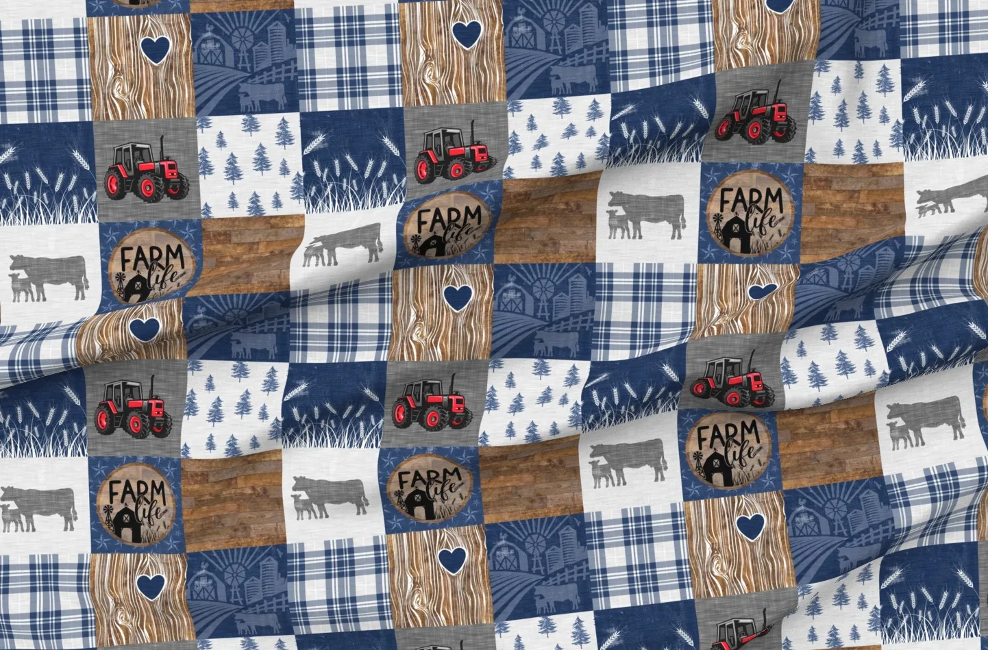 Farm Life Blue Red Tractor Cheater Quilt Fabric - Navy Blue product